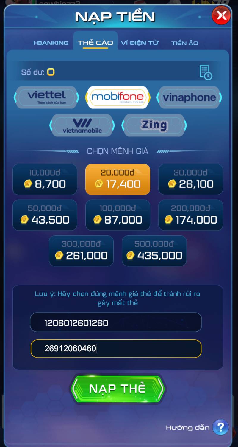 Nạp tiền Win79 bằng thẻ cào điện thoại