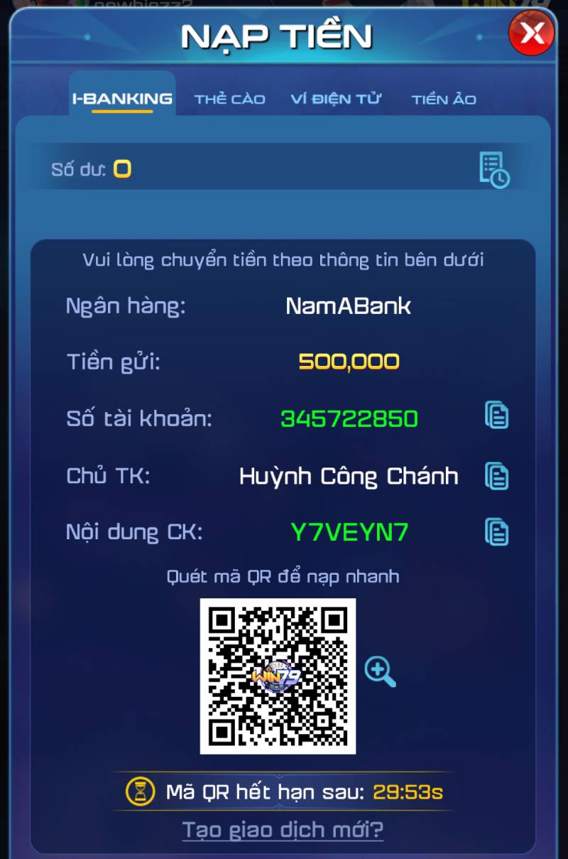 Nạp tiền Win79 qua I-Banking (Internet Banking)