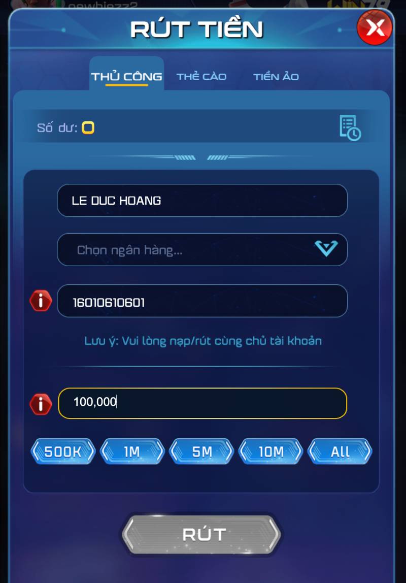 Rút tiền thủ công qua tài khoản ngân hàng